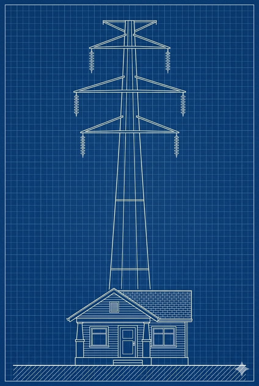 Blueprint illustration of overhead power line structure beside a house